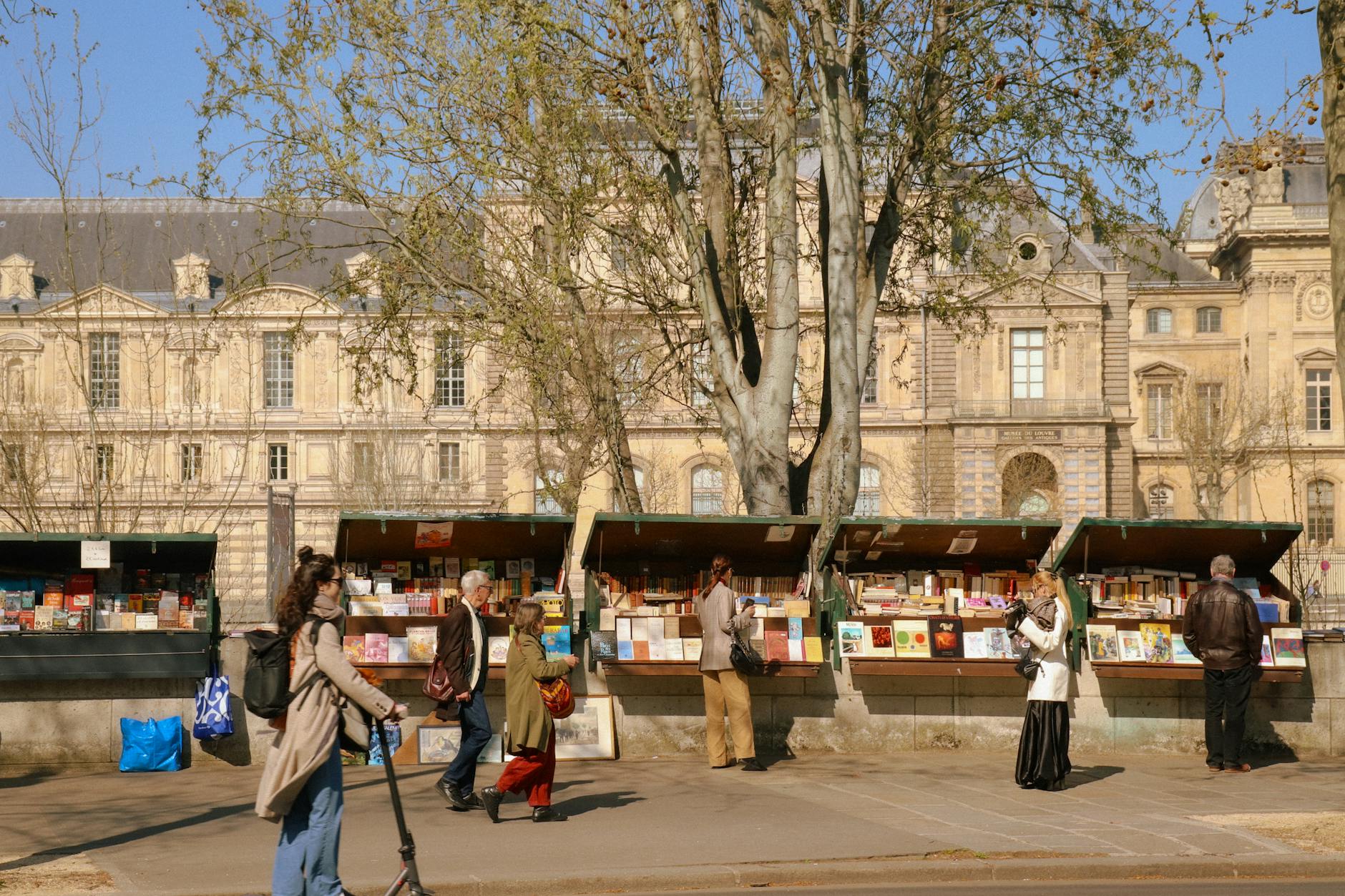 Charming Latin Quarter street in Paris lined with bookshops and cafes
