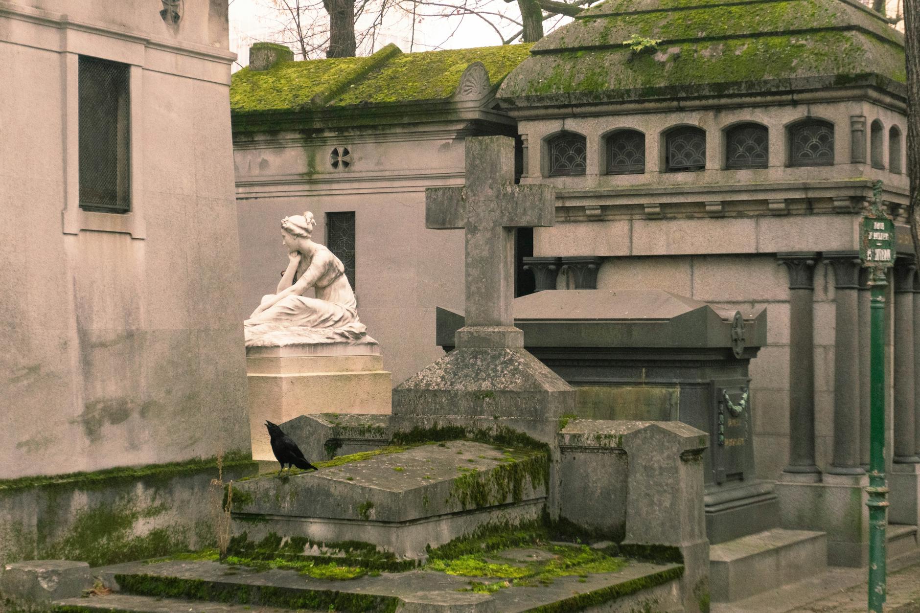 Atmospheric Père Lachaise Cemetery in Paris's 20th arrondissement