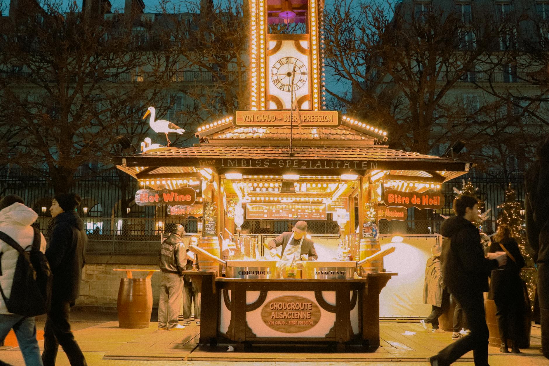 Festive Christmas market lights in Paris during winter