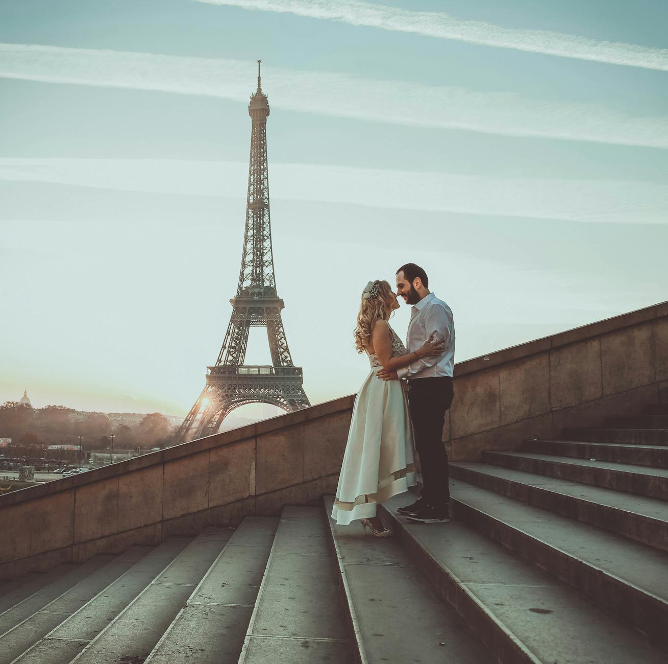The Eiffel Tower seen from the Trocadero terrace at sunset