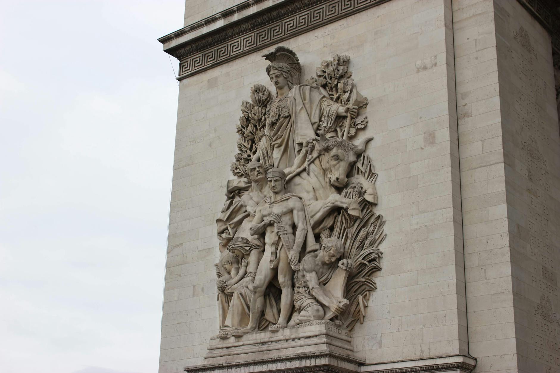 Sculptures and high-relief carvings on the Arc de Triomphe in Paris