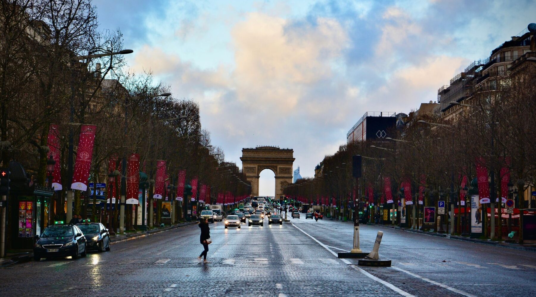 The Champs-Elysees looking towards the Arc de Triomphe on a bright winter morning