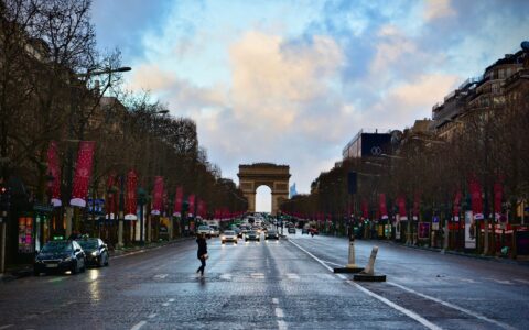 The Champs-Elysees looking towards the Arc de Triomphe on a bright winter morning