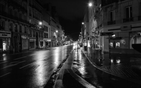 A wet Paris street at night in black and white, with lit street lamps and shuttered shopfronts