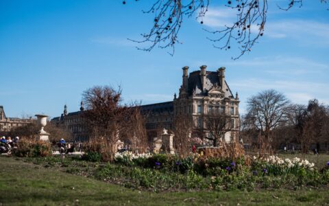 Spring flowerbeds and bare trees in the Jardin des Tuileries under a blue sky, with a domed pavilion of the Louvre behind