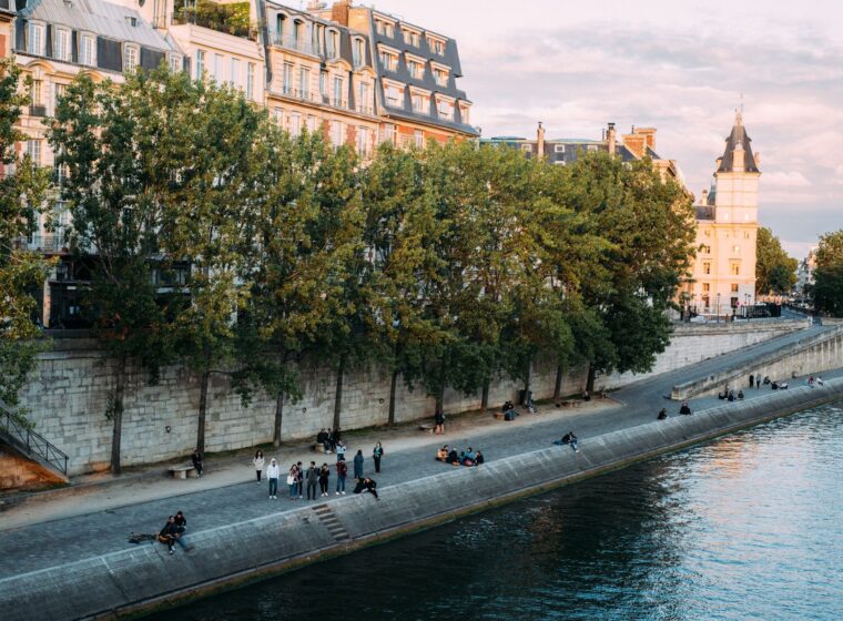People sitting along the lower quay of the Seine beneath plane trees and tall Parisian buildings in warm evening light